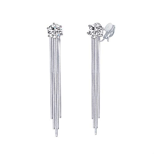 YOQUCOL 7MM Bright Cubic Zirconia Crystal Tassel Dangle Clip On Long Drop Non Pierced Wedding Earrings For Women