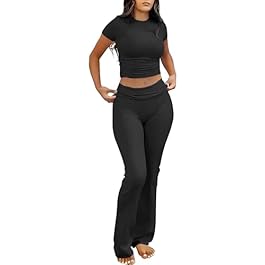 ANRABESS Lounge Sets for Women 2 Piece Foldover Yoga Flare Leggings Pants Crop Tops Casual Y2K Outfits Matching Tracksuit Set