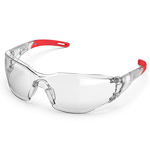 TOREGE Gafas protectoras transparentes - Puente nasal ajustable, antivaho y antiarañazos, ligeras con patillas de goma antideslizantes - Conforme a ANSI Z87(Red)