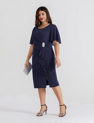 Image of Hanna Nikole Womens Plus Size Chiffon Cape Sleeve Ruffle Ruched Cocktail Party Pencil Dress for Wedding Guest