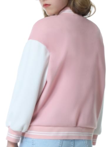 EXARUS Girls Varsity Jacket Kids Tweed Letterman Jackets Baseball Outerwear Stripe Trim Contrast Sleeve School Coats2