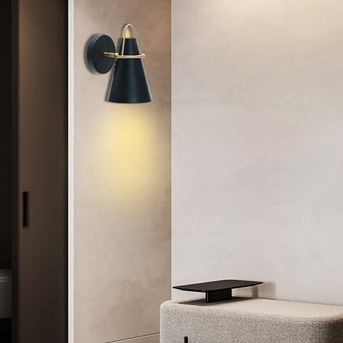 Image of MONKFISH Modern Wall Sconce with Black Shade - Adjustable Reading Light for Bedroom, Living Room - Matte Black Wall Lamp with 45 Swing Arm - Hardwired Light Fixture, UL Listed