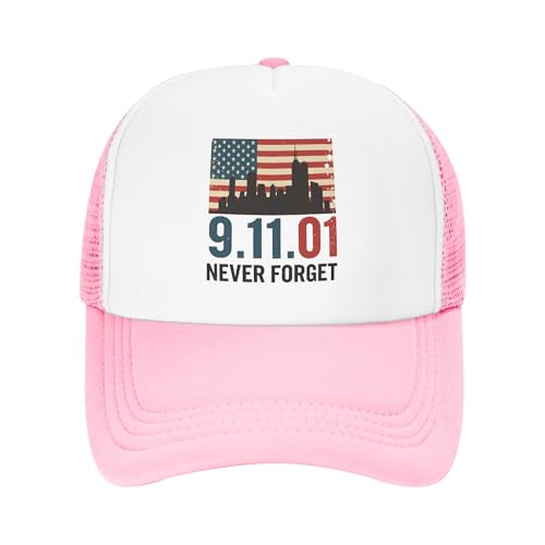 Vetrova Never Forget 911 Trucker Hat 911 Anniversary Memorial American Patriotic Day Baseball Cap Mesh Back Adjustable Hats for Kids - Pink