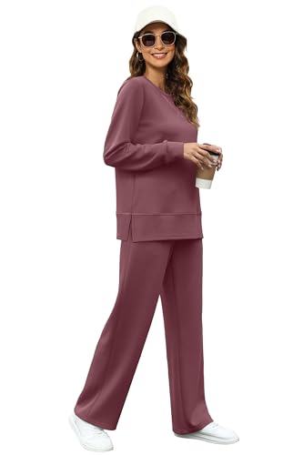 Image of OFEEFAN Women's 2 Piece Lounge Set Travel Airport Outfits Side Slit Tracksuit Wide Leg Loungewear Baggy Comfy Sweatsuit S-3XL