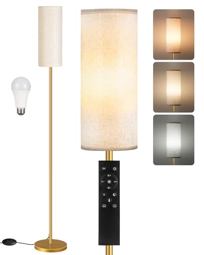 Image of Dimmable Floor Lamp for Living Room with Remote and Foot Switch, Standing Tall Lamp, Bulb Included, 3000K-6500K, Beige and Gold, FCC Listed DE06LD05W1