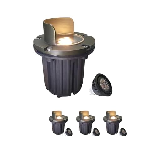 MALORY Brass Top Cover Landscape Well Lights,(6''H) 12V Low Voltage Outdoor In Ground Lights,Anti-Glare Landscape Lighting with 5W 450ML MR16 for Pathway, Driveway (Shield Top, 4-Pack with B