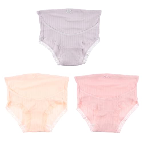 BESPORTBLE Braguitas de Algodón para Embarazadas Conjunto de 3 Piezas Diseño de Encaje Talle Alto Ajustable Colores Natural Piel Gris Claro y Rosa Melocotón Transpirables y Elásticas
