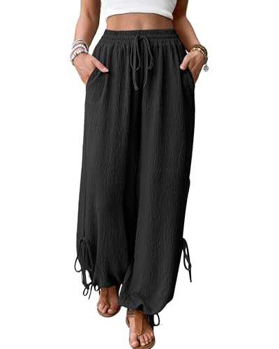 Bsubseach Women Wide Leg Palazzo Pants Summer High Waist Flowy Casual Trousers Side Tie Knot Beach Vacation Clothes
