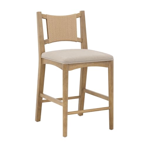 Image of Nathan James Elodia Boho Counter Height Bar Stool with Back, Woven Seagrass Backrest and Solid Wood Frame, Light Brown