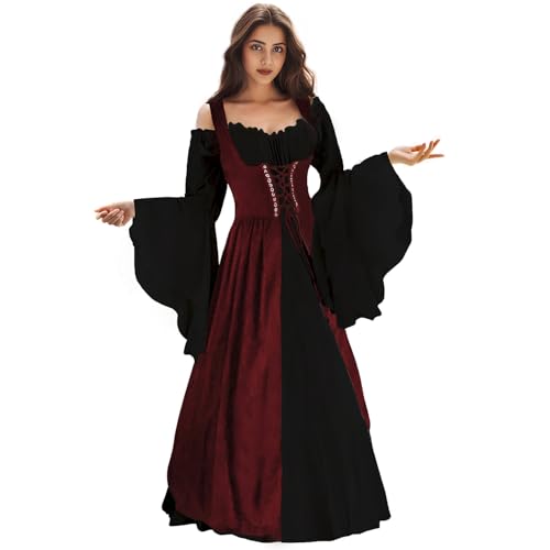 Renaissance Dress Women Medieval Dress Ren Faire Costume Renaissance Outfit Irish Dress Halloween Costume for Women, Black and Burgundy S/M