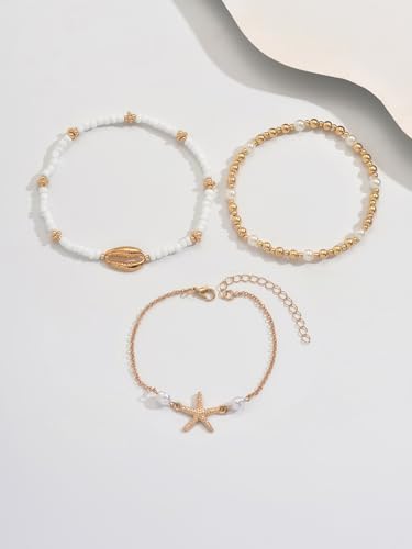 Image of Ankle Bracelets for Women Waterproof Beach Jewelry for Women Elastic Beaded Anklets Boho Seashell Pearl Starfish Anklets for Women Foot Jewelry