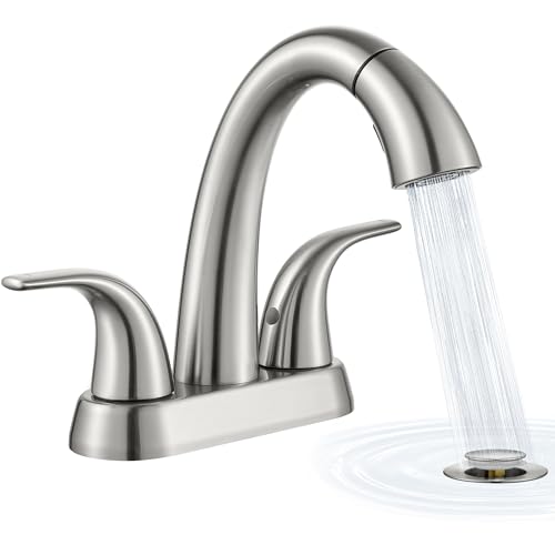 Ultimate Unicorn Pull Down Bathroom Sink Faucet - Anti-Splash Brushed Nickel 4 Inch Centerset Vanity Faucets 3 Hole with Pop Up Drain Two Handle Modern Washbasin Tap Set with Sprayer for Rv Restroom