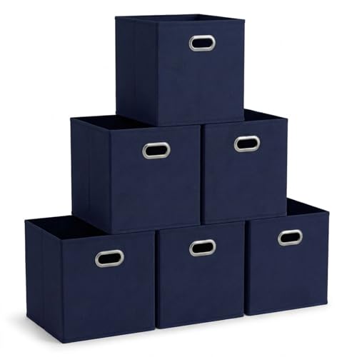 Household Essentials Fabric Storage Bins 6 Piece Set, Strong Poly-Woven Fabric, Sturdy Chipboard Sides, Grommet Front Handle, Stackable and Foldable, Classic Design, Navy