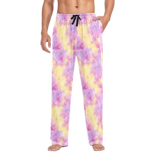 Purple Tie Dye Yellow Pink Men Cotton Flannel Pajama Pants Mens Lounge Sleep PJ Bottoms S - Main Image