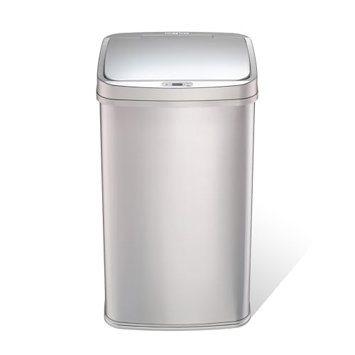 Ninestars 13 Gallon Automatic Trash Can, 50L Touchless Motion Sensor Garbage Can with Odor-Sealing Lid, Rectangular Stainless Steel, Silver Trim