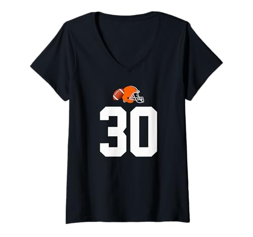 Damen American Football Helm Style Vintage Nummer 30 T-Shirt mit V-Ausschnitt