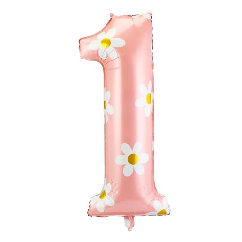 Jenaai 40 Inches Daisy Number Balloon Pink Inflating Foil Balloons Boho Birthday Decoration for Women Girl Baby Shower Princess Party Supplies(Number 1 Pink)