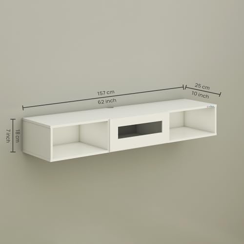 Image of Anikaa Novus Wall Mount Modern Floating TV Unit for Living Room with Open Shelf Storage Cabinet & Middle Cabinet Blue LED Light (Ideal for 32 to 65 inch TV, DIY Installation, White Finish)