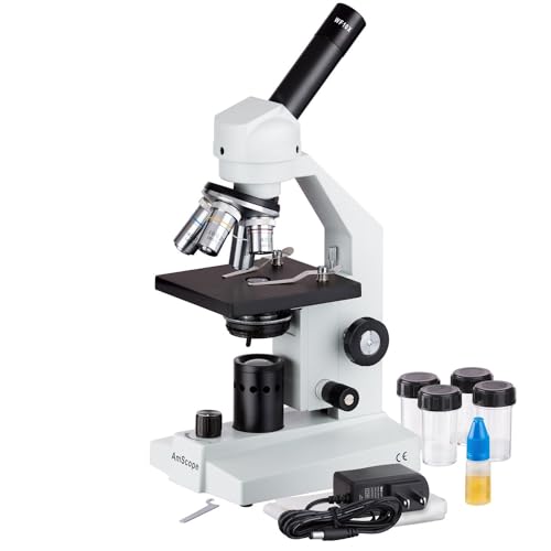 AmScope M500-LED Cordless Monocular Compound Microscope, WF10x Eyepiece, 40x-1000x Magnification, Anti-Mold Optics, LED Illumination, Brightfield, Abbe Condenser, Coarse and Fine Focus, Plain Stage, 110V or Battery