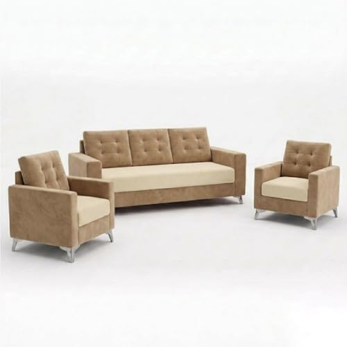 Image of Hakuna Plush Velvet 3 Seater + 1 Seater + 1 Seater Sofa Set | Silken Velvet Upholstery | Golden Legs | Designer Set for Living Room & Office Spaces (Beige-Cream)