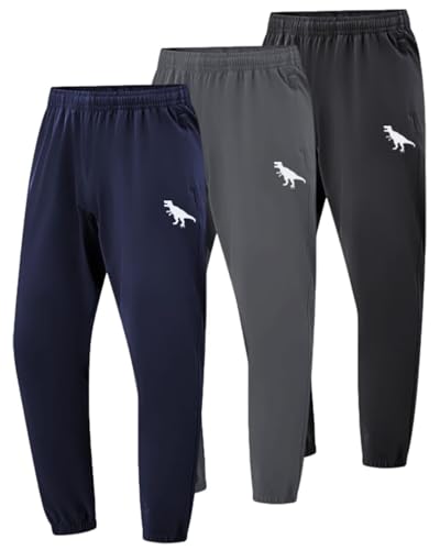 BINPAW 3 Pack Toddler Boys Active Pants Pull On Sweatpants Dinosaur Graphic Print Jogger Pants, Black/Navy Blue/Dark Gray, 7-8Y = Tag 130