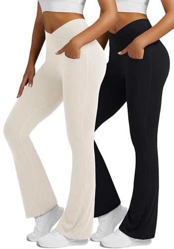 Image of Flare Leggings for Women with Pockets 2pack High Waisted Crossover Flare Leggings Bootcut Yoga Pants