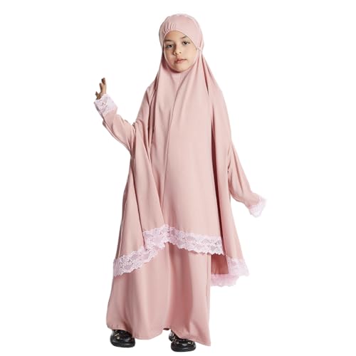 Muslim Prayer Dress for Girls, Long Sleeve Two Piece Full Cover Kids Children Lace Islamic Prayer Dress with Hijab2