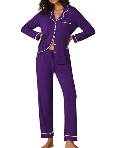 Image of Ekouaer Pajamas Women's Long Sleeve Sleepwear Soft Button Down Loungewear Pjs Lounge Set Nightwear XS-XXL