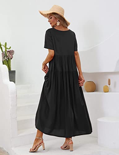Yesno Women Casual Loose Bohemian Floral Dress With Pockets Plus Size Short Sleeve Long Maxi Summer Beach Swing Dress (3Xl Ejf Black) #TOP2