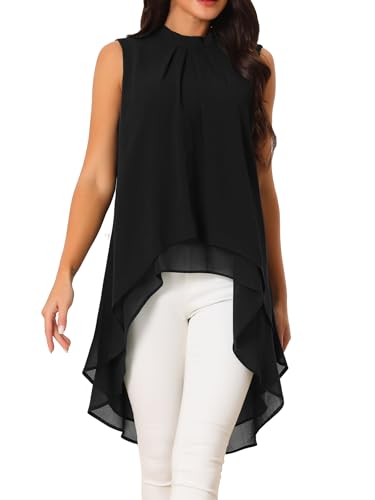 Seta T Women's High Low Tops Mock Neck Chiffon Blouse Tie Back Asymmetrical Sleeveless Shirt Casual Summer Top