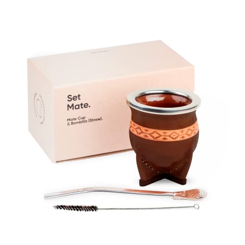 Thebmate [Cinta Pampa Mate Premium Set] Yerba Mate Crafted Ceramic Teacup - Leather Wrapped Handmade In Uruguay - Set Mate Cinta Pampa, German Silver Bombilla Straw And Cleaning Brush (Dark Brown) #TOP9