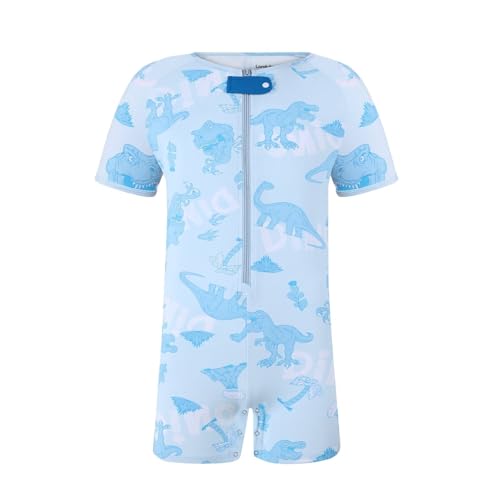 Landofgenie Mens Onesie Short Sleeve Pajama Cotton Jumpsuits Printed Romper Bodysuit Dino Print Onesie Light Blue XL