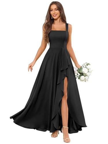 OFEYCHUN Chiffon Bridesmaid Dresses Long Ruffle Formal Dress Square Neck Evening Gown with Slit