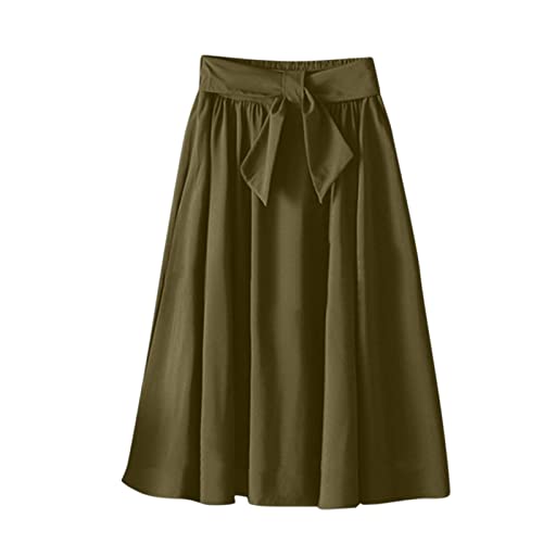 YOLAI Women A-Line Pleated Skirts Bandage Elastic Waist Skirts Solid Color Flowy Knee Length Skirt Business Skirts