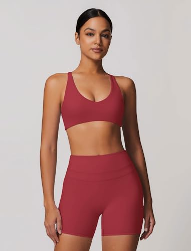 Image of ABOCIW Womens V Neck Twist Back Sports Bra Padded Low Impact Fitness Yoga Bra Workout Crop Top