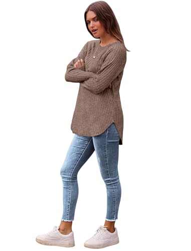 Image of Saloogoe Long Sleeve Shirts for Women 2025 Fall Clothes Tunic Tops Loose Fit Dressy Crewneck Pullover Sweaters Curved Hem