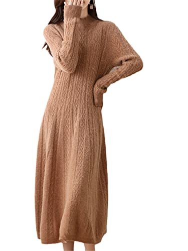 Image of Hamthuit Women Dresses Cashmere Sweater Knitted Long Dress Wool Women Turtleneck Office Skirt Fall Winter Golden M