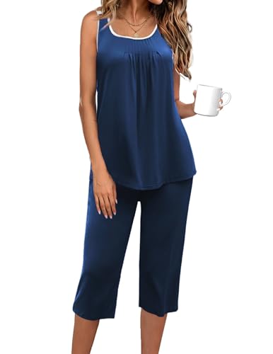 Image of Ekouaer Capri Pajama Sets for Women 2 Piece Soft Cute Pjs Round Neck Sleeveless Lounge Set for Summer Sleepwear S-XXXL
