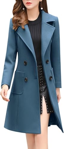 ebossy Women's Elegant Wool Blend Pea Coat Notched Lapel Double Breasted Winter Warm Mid Long Overcoat (L, Dark Blue)