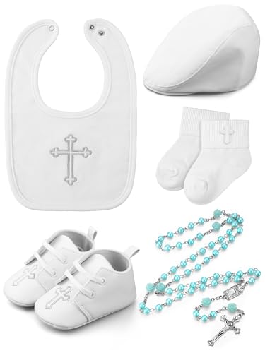 5 Pcs Baptism Gifts for Baby Boys Include White Embroidered Cross Bib Christening Socks Shoes Baptism Hat and Rosary christening outfits for Boys Toddler Infant First Communion Gift
