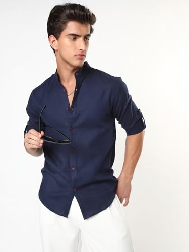 Image of Urbano Fashion Men's Linen Blend Full Sleeve Relaxed Fit Mandarin Collar Casual Solid Shirt