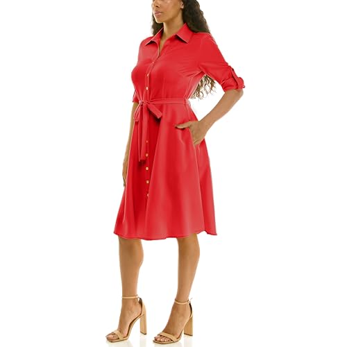 Image of Sharagano Women's Pleated Shirt Dress - 3 /4 Sleeve, V-Neck, Gold Buttons