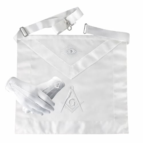 White Masonic Master Mason Apron with Square & Compass & All-Seeing Eye Embroidery Adjustable Belt – Freemasonry Regalia for Lodge Members Size (16×14)
