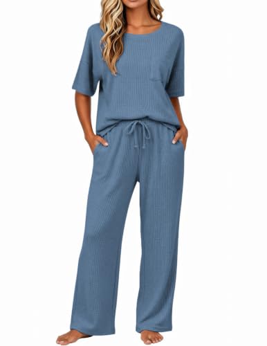 Image of JiniGolla Womens Pajama Sets Waffle Knit Short Sleeve Shirt with Long Pajama Pants Soft Sleepwear Pj Lounge Sets