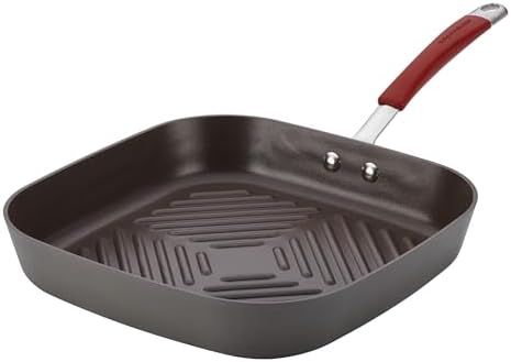 Rachael Ray Cucina Hard-Anodized Nonstick 11-Inch Deep Square Grill Pan, Gray with Cranberry Red Handle - 87632 - Thumbnail 2