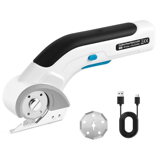Gaethra Kartonschneider Elektrisch 3,7V, mit 2000 mAh Akku Wiederaufladbarer Rotationsschneider, Kabellose Akku Schere mit Sicherheitssperre für Filz, Teppich, Leder, Kunststoff & Pappe