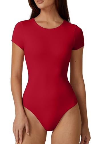 Image of QINSEN Women's Crew Neck Short Sleeve Bodysuit Double Lined Body Suits Basic T-shirt Tops