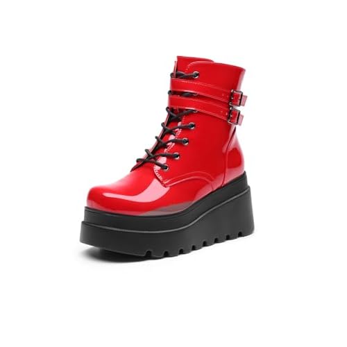 DREAM PAIRS Women Platform Combat Ankle Boots Goth Chunky High Heel Lace Up Motorcycle Booties 6.5 Red