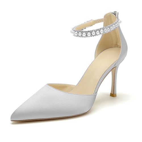 Image of Pointed Toe Pearl Wedding Shoes for Bride White High Heels Satin Bridal Shoes Zipper Back Evening Party Dance Dresses Shoes Pumps for Women