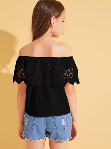 Image of WDIRARA Girl's Folklorico Shirt Off Shoulder Ruffle Trim Lace Blouse Tops | Short Sleeve, Mexican Blouse, Dressy Peasant Tee, Casual